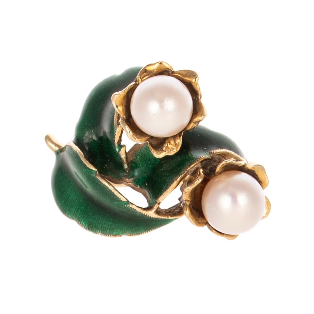 A Pearl & Enamel Floral Ring in 14K: 14K yellow gold ring featuring two flowers with cultured pearl pistils measuring 5.8 mm with three overlapping enameled leaves, sz 5.5, 7.0 grams