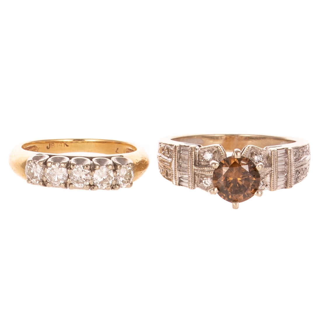 A Cognac Diamond & White Diamond Ring in 14K: 1) 14K white gold ring featuring a cognac diamond weighing approx. 0.88 ct with an average clarity grade of SI six-prong set above a bead set round diamond cluster band with channel set baguette accen