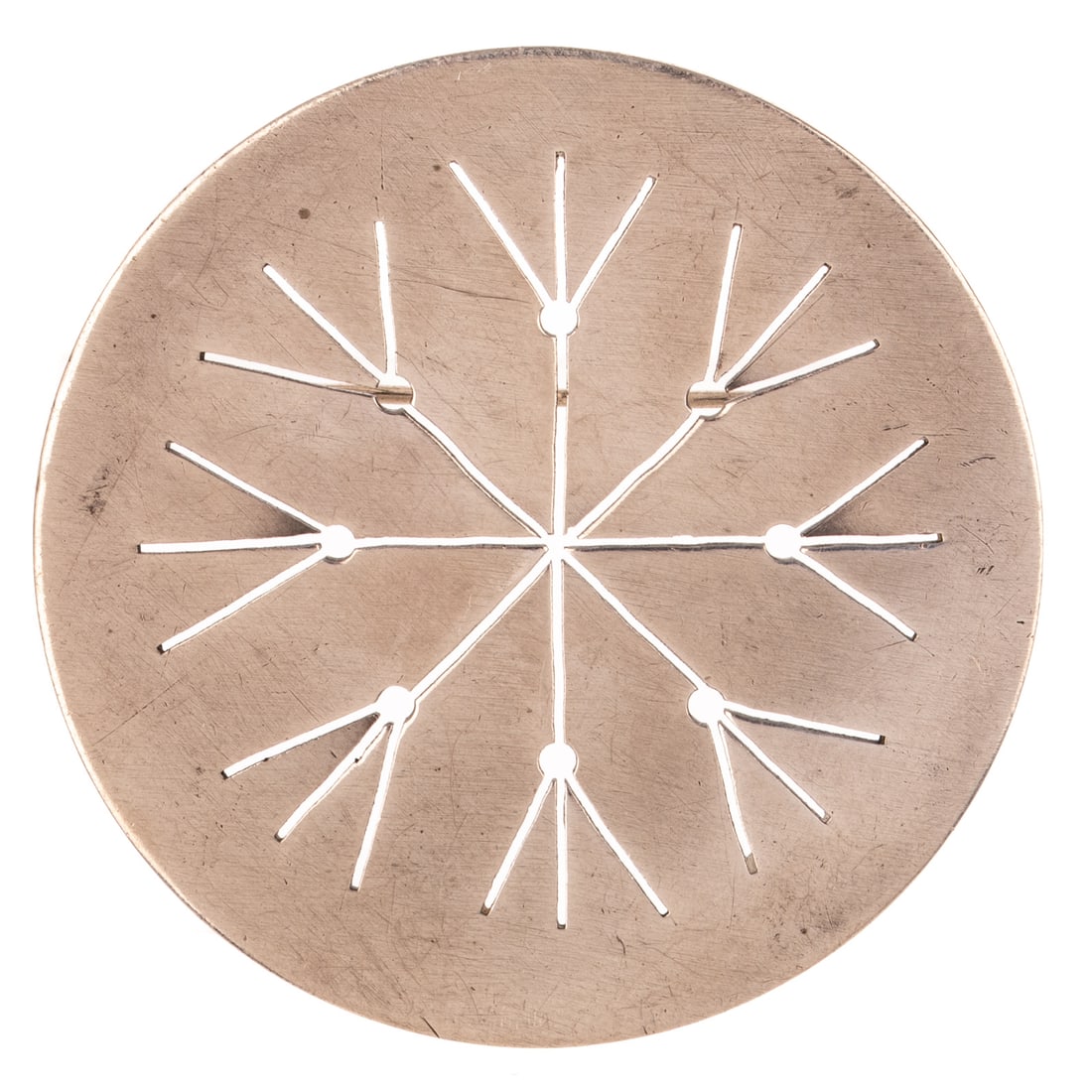 A Betty Cooke Disc Brooch in Sterling Silver: Sterling silver round disc brooch by Betty Cooke (1924 - 2024), Baltimore, MD with hand pierced cut out design, high polish finish, 2 in. Diam., signed, 15.9 grams Provenance: From a life long collect