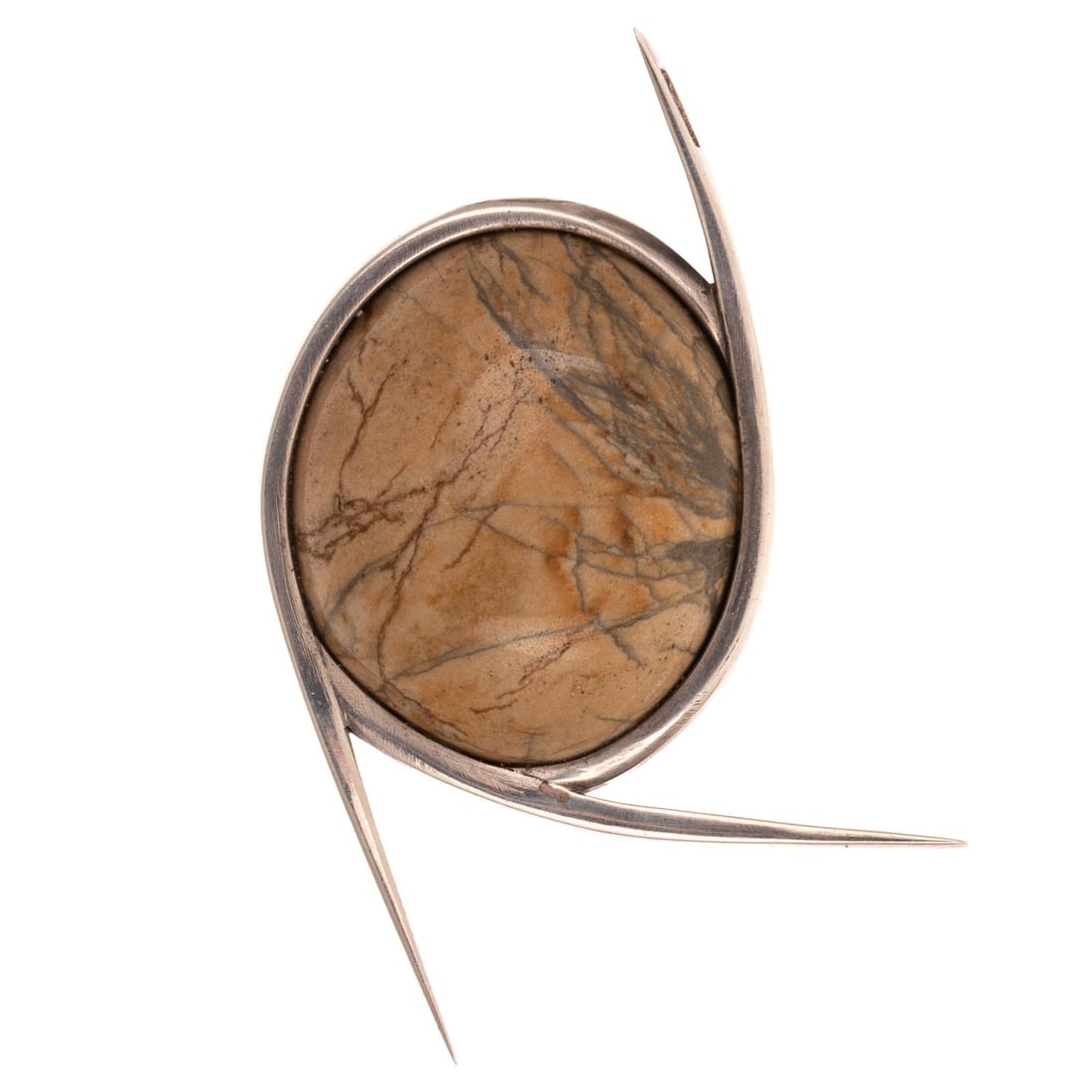 An Early Betty Cooke Jasper Pendant in Sterling: Sterling silver pendant by Betty Cooke (1924 - 2024), Baltimore, MD featuring a large bezel set oval picture jasper cabochon with high polish arms radiating out, signed with hand etched "1950+", 2 in.