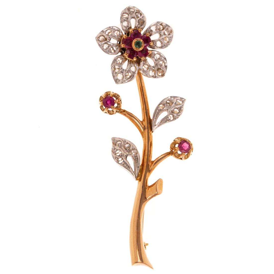 A Diamond, Ruby & Emerald Flower Brooch in 14K: 14K yellow gold Italian flower brooch featuring white gold topped openwork petals and leaves with rose cut diamonds bead set, a central round emerald bead set with ruby halo and blossoms prong and Bel