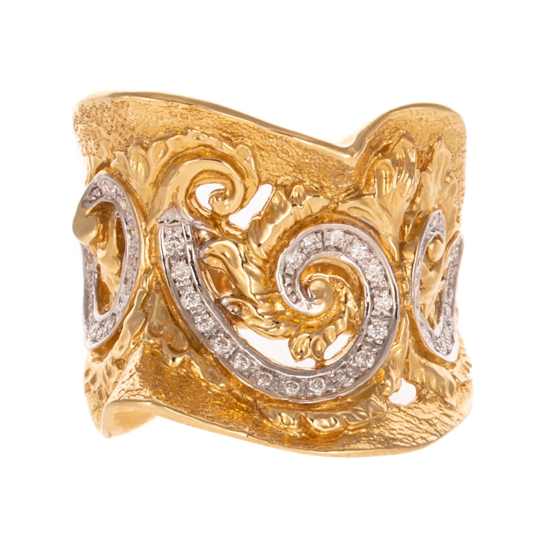 A Wide Freeform Swirl Ring in 14K: 14K yellow gold ring, featuring bead set diamonds weighing approx. 0.45 ctw in a swirl design throughout wide freeform with leaf details, 7/8 in. W, sz 8, 11.7 grams Provenance: From a Private Collect