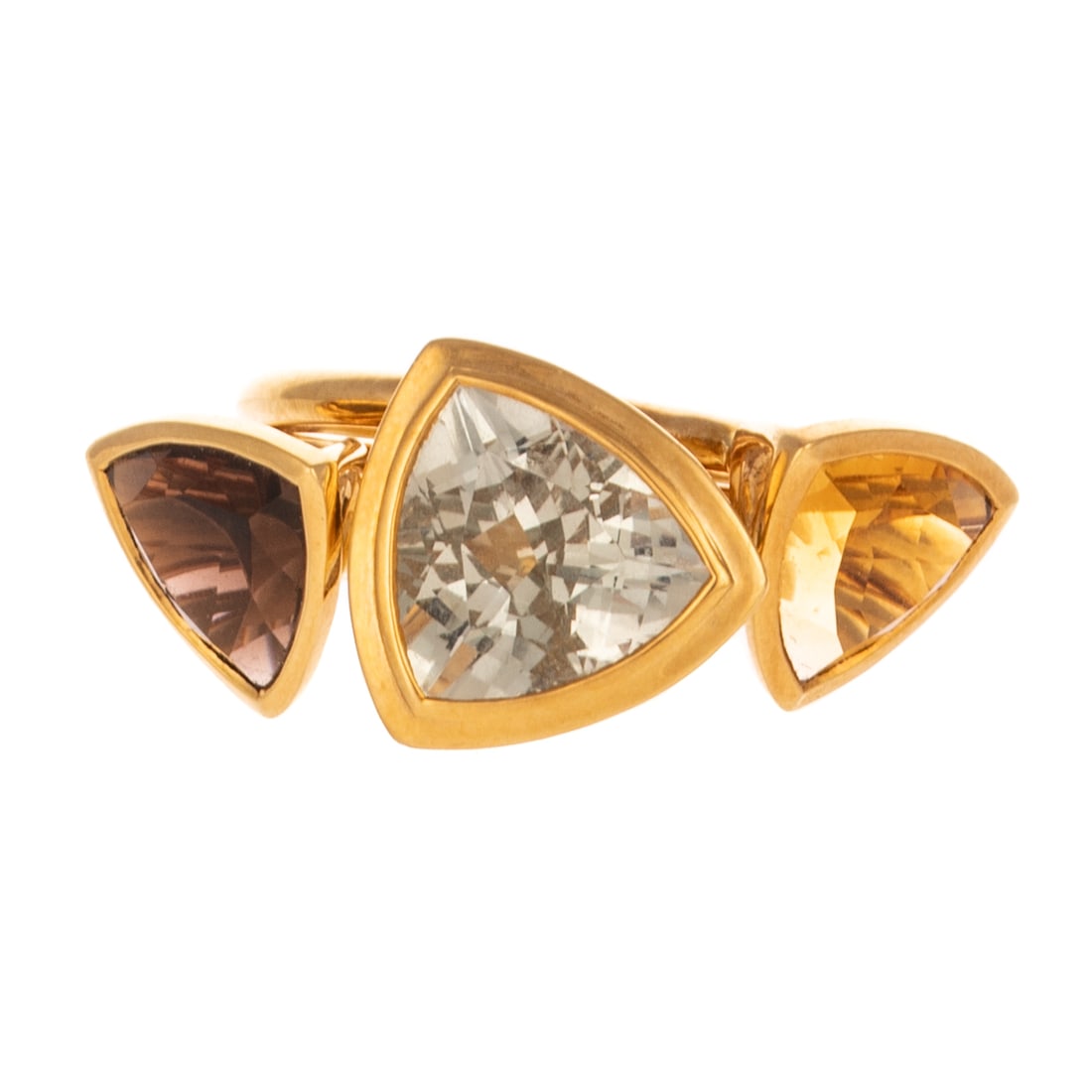 A Michelle Albala Stacking Ring Set in 18K: 18K yellow gold trio of rings by Michelle Albala featuring high bezel set triangular gemstones including, smoky quartz, blue topaz and citrine, sz 8, signed, 19.5 grams tw Provenance: From a Private C