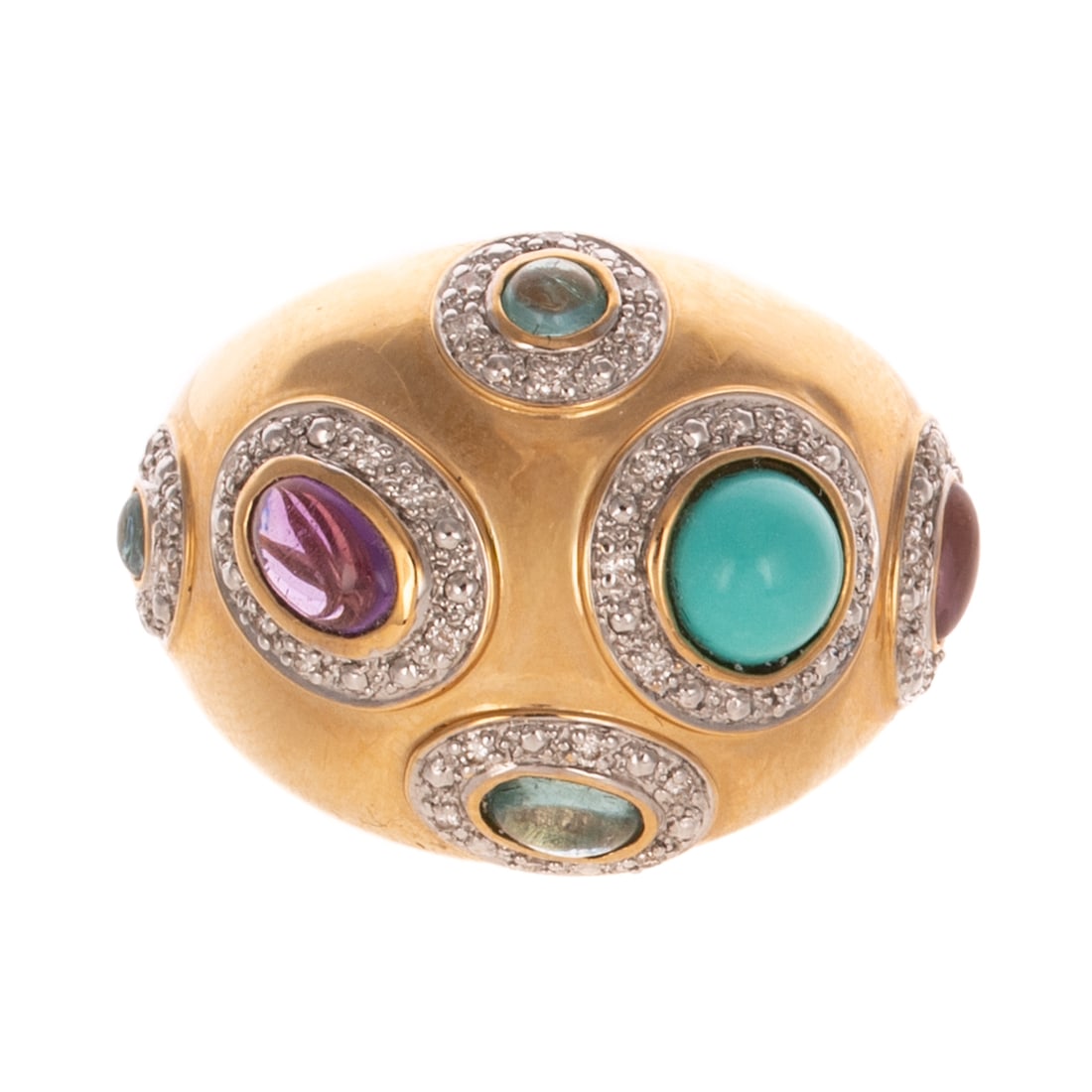 A Multi Gemstone & Diamond Dome Ring in 14K: 14K yellow gold high polish done ring featuring faceted and cabochon gemstones including turquoise, amethyst, aquamarine and blue topaz, each with a diamond halo weighing approx. 0.50 ctw, signed, sz