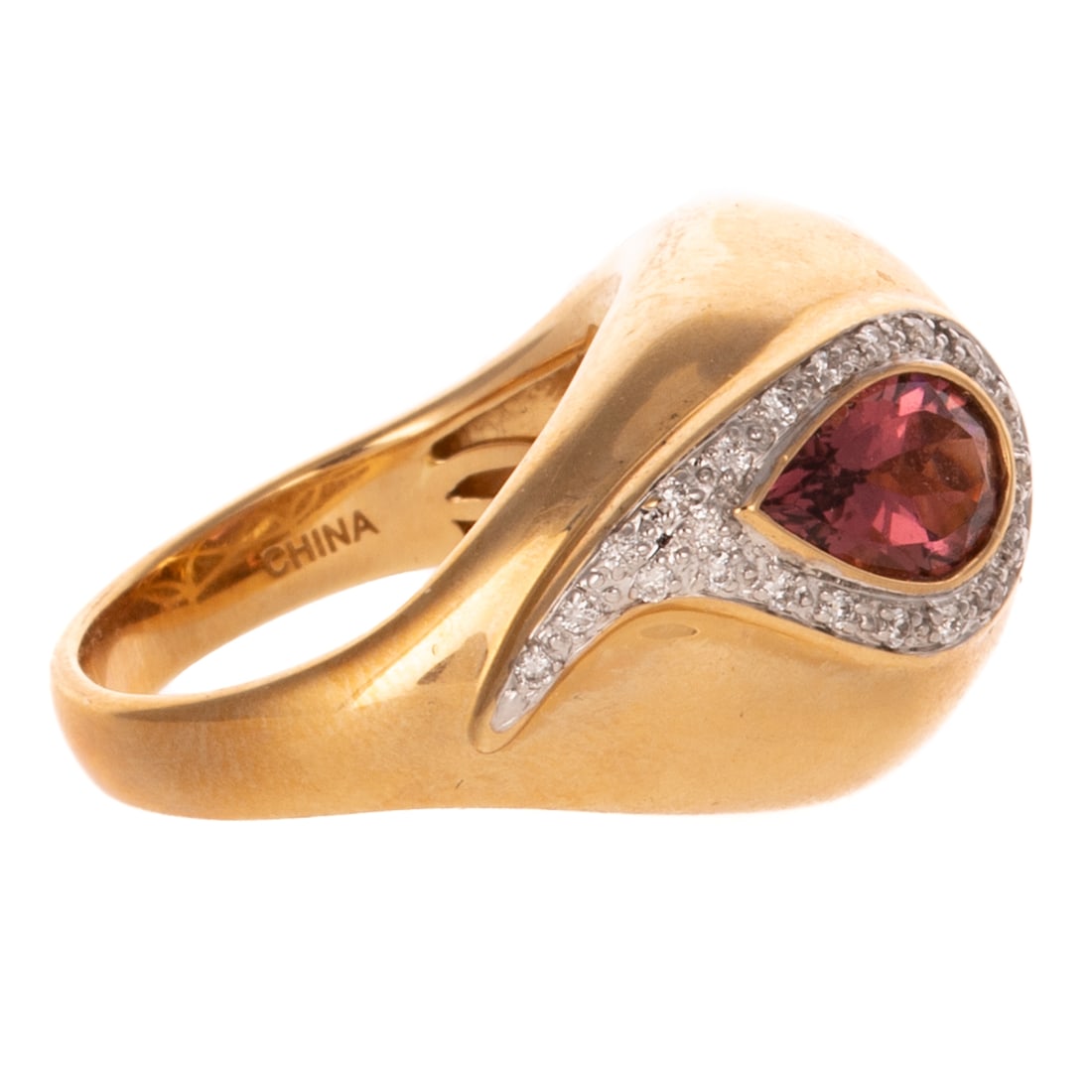 A Domed Pink Tourmaline & Diamond Ring in 14K: 14K yellow gold ring with high dome design featuring a bezel set pear shape pink tourmaline weighing approx. 1.50 carats with bead set diamonds weighing approx. 0.20 ctw, signed, sz 8.25, 8.8 grams Pr