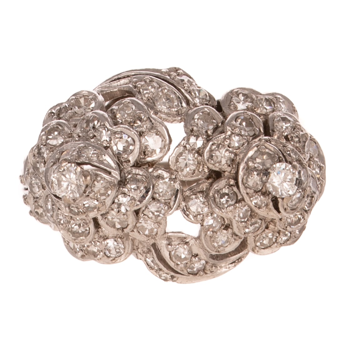 A Double Diamond Flower Ring in 14K: 14K white gold ring featuring two flowers in high relief made of clusters of bead set round diamonds, bead set diamond foliate details, double high polish shank, sz 6.5, 7.5 grams