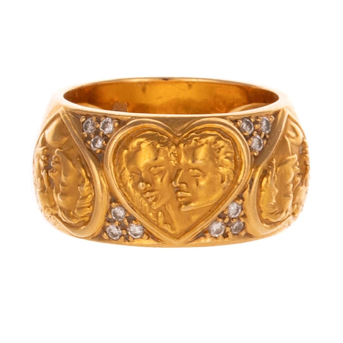 A Carrera Y Carrera Romeo & Juliet Band in 18K: c.1990s, 18K yellow gold Carrera y Carrera band from the Romeo & Juliet collection designed with three heart portraits of Romeo & Juliet with diamond accents weighing approx. 0.10 ctw, signed and numb