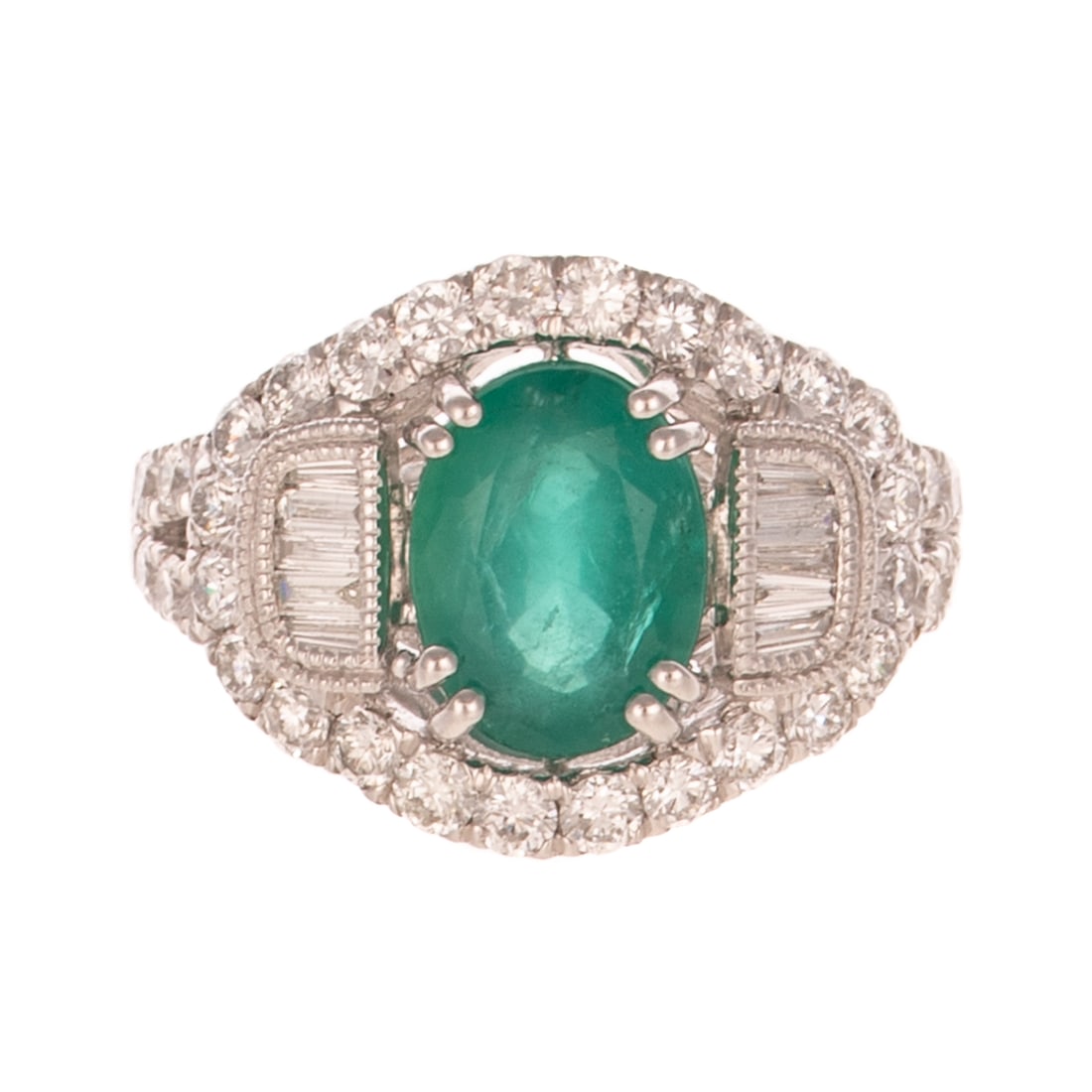 A GIA 2.82 ct Emerald & Diamond Ring in Platinum: Platinum ring by Jessica Ring featuring a double prong set oval shaped emerald weighing approx. 2.82 carats, accompanied by GIA Gemological Report #2239393194, surrounded by a large halo of bead set r