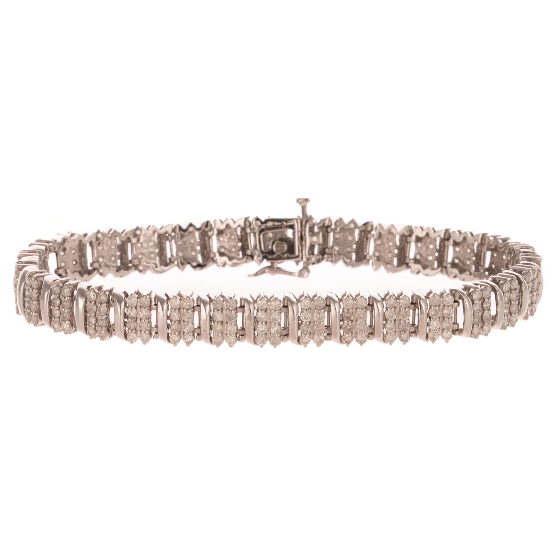 A 5.00 ctw Diamond Link Bracelet in 14K: 14K white gold link bracelet featuring diamonds weighing approx. 5.00 ctw set in double row links alternating with high polish white gold bars, hidden box clasp with safety latch, 7 1/2 in. L, 18.2 gr