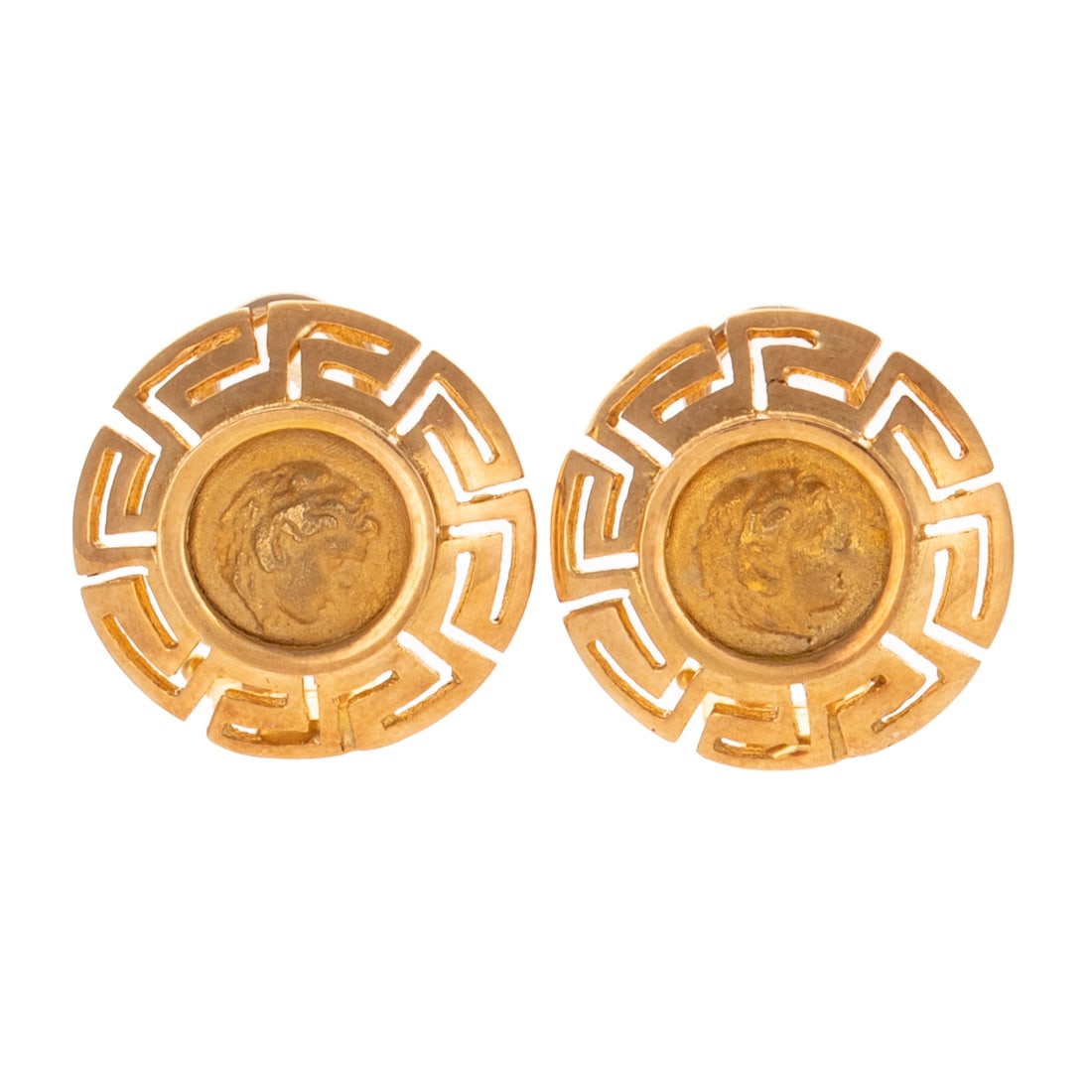 A Pair of Coin Design Earrings in 14K: 14K yellow gold earrings featuring coin design bezel set in an openwork Greek key frame, posts with Omega backs, 3/4 in. Diam., 8.6 grams Provenance: From a private collection thoughtfully formed thro