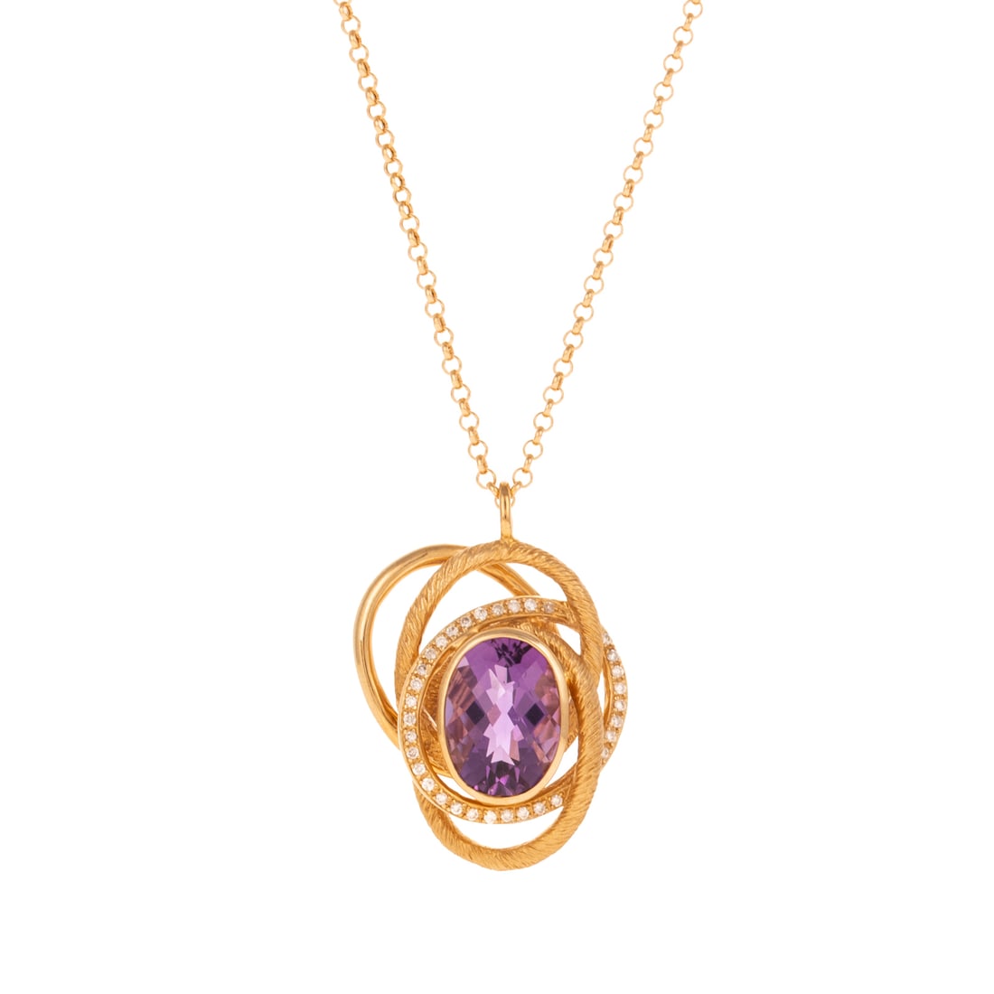 A Michelle Albala Amethyst Pendant & Chain in 14K: 14K yellow gold pendant by Michelle Albala, open knot design featuring a bezel set checkerboard oval amethyst measuring 10.5 x 14.5 mm with bead set diamonds, 1 3/8 in. L, signed, hanging on 14K yello