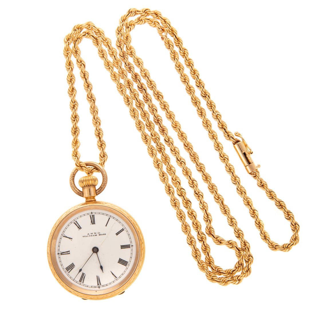 A 14K Rope Chain with Waltham Pocket Watch: 14K yellow gold rope chain with barrel clasp, 30 in. L, with 14K yellow gold plated 20 year case open face Waltham pocket watch, scroll engraved back of case, white dial with Roman numerals, mechanica