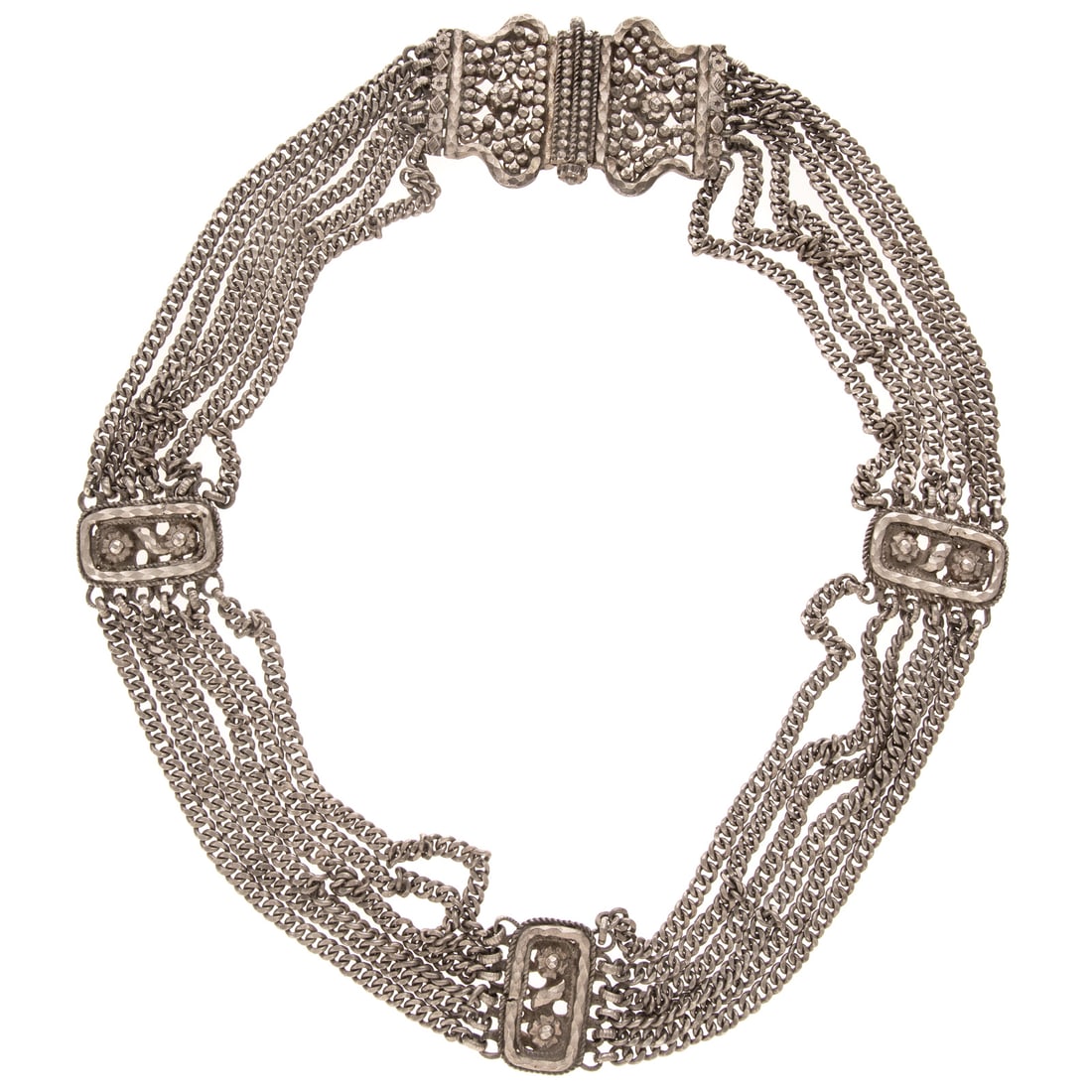 Antique Indian Fine Silver Bridal Belt: Antique silver Indian bride's belt with 950 silver six strand curb link chains, connecting 900 silver foliate panels, with threaded screw closure, 32 in. L, 551.0 grams