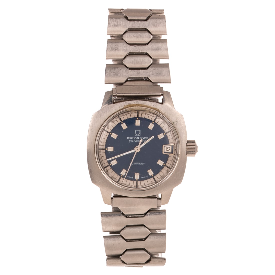 A Universal Geneve Polerouter in Stainless Steel: c. 1970 stainless steel Universal Geneve Polerouter, blue dial with baton indexes, date window at 3 o'clock, 38 mm, automatic movement, model #869126, serial #2871799, bracelet with deployment clasp,