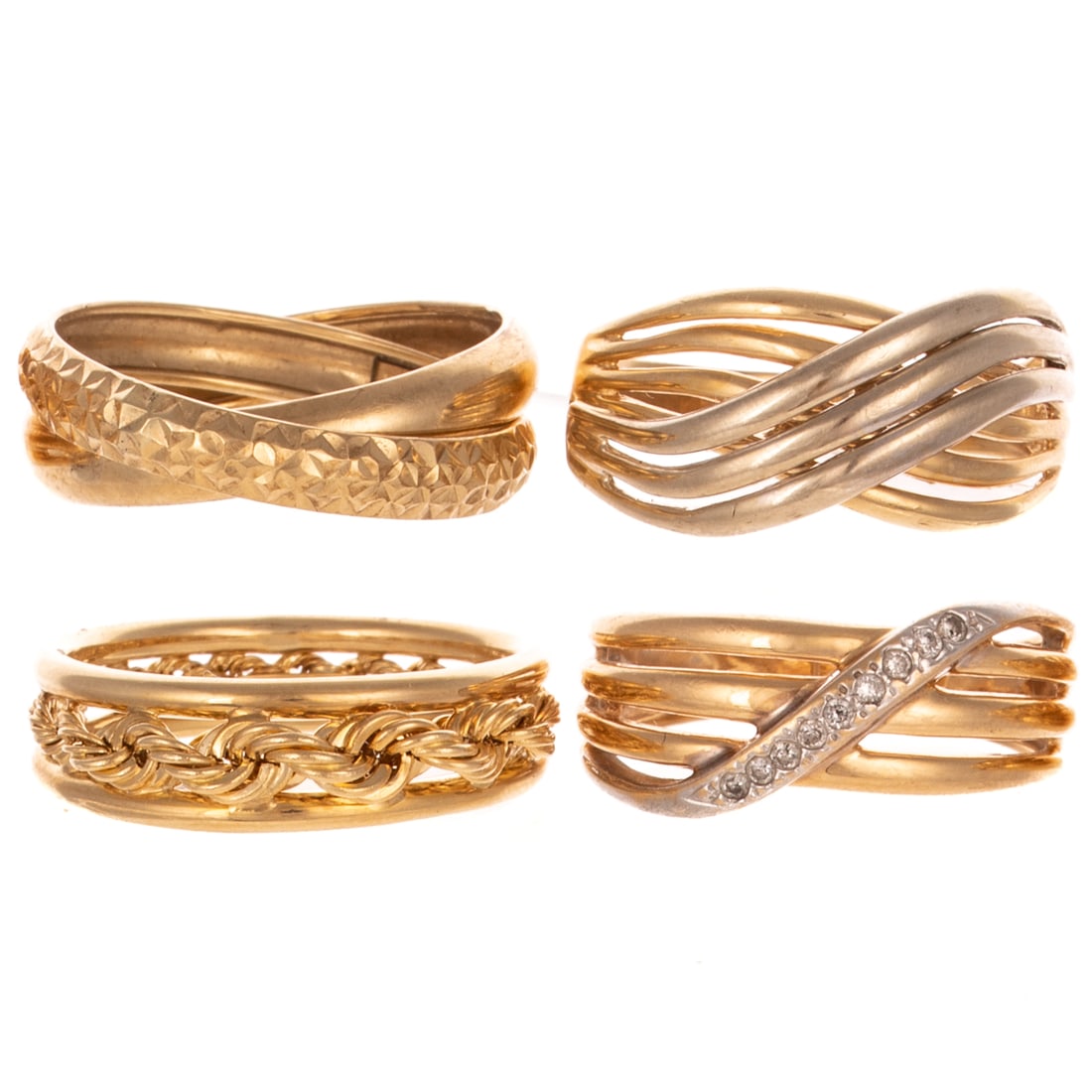 Four High Polish Bands in 14K & 10K: 1) 14K yellow gold ring featuring a twisted rope chain soldered between two high polish frames, signed "RL," sz 10, 2) 14K yellow gold ring with three split high polish lines with a line of round diam