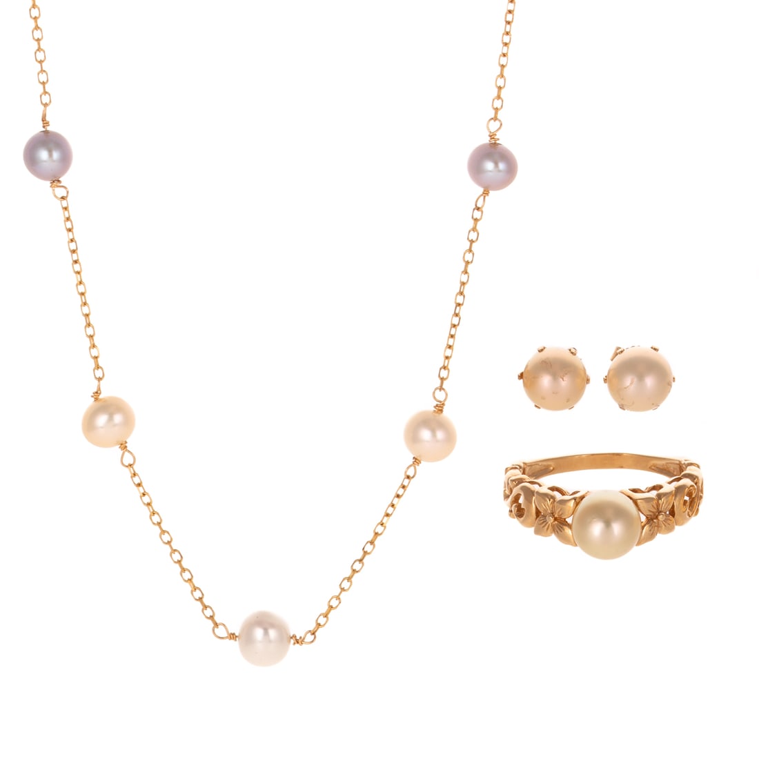 A Suite of Pearl Jewelry in 14K: 1) 14K yellow gold tin-cup necklace featuring 12 alternating white, pink, and silver fresh water pearls measuring 6 mm evenly stationed on a cable link chain, spring ring clasp, signed "JewelMak," 17