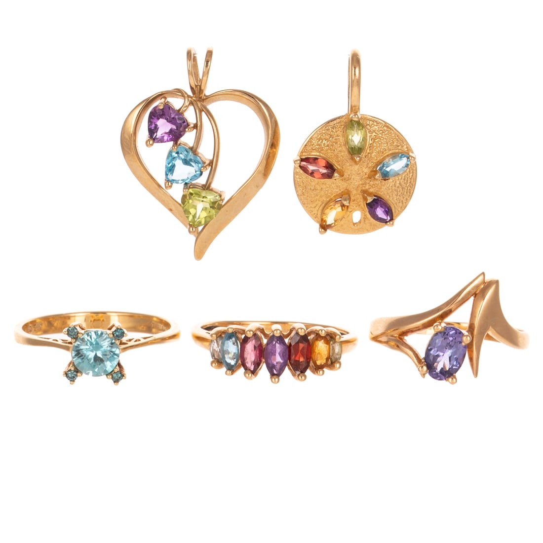 A Group of Gemstone Jewelry in 14K & 10K: 1) 14K yellow gold ring featuring a round blue zircon prong set with a prong set round blue zircon on each prong, sz 9, 2) 14K yellow gold ring featuring an oval shaped tanzanite prong set in a