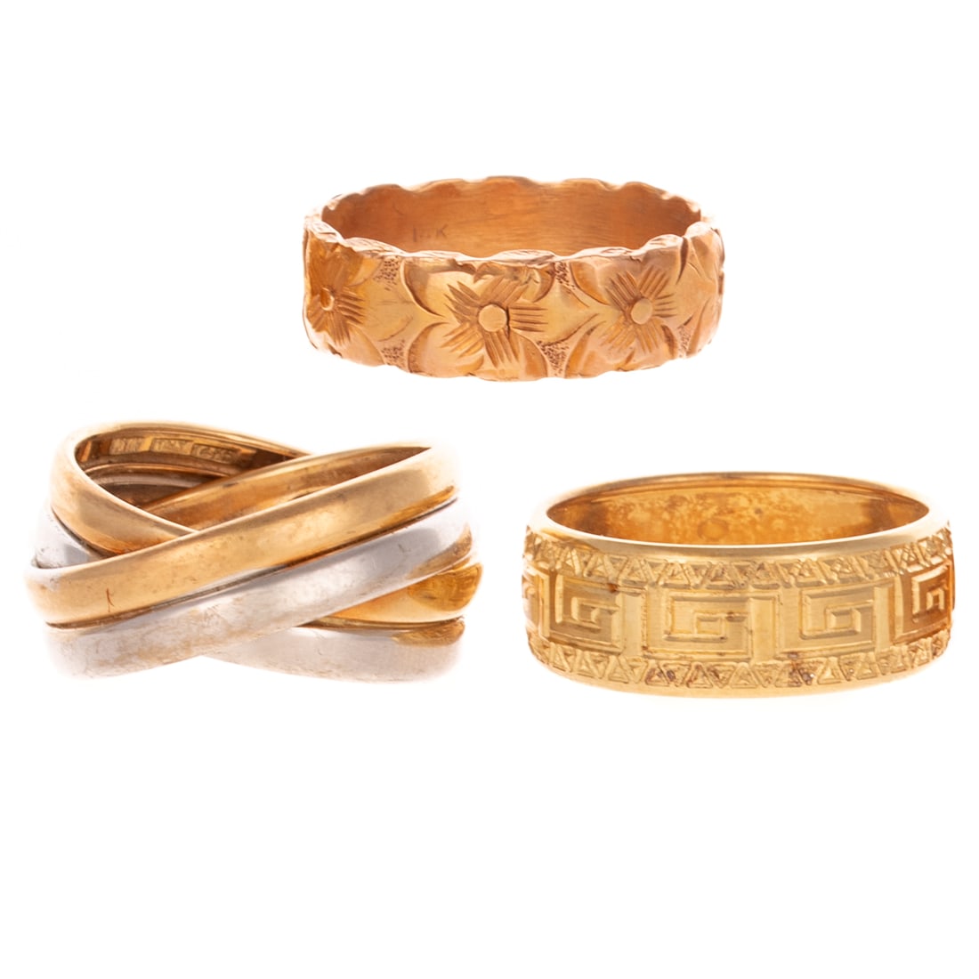Two Engraved Rings & Bi-Color Ring in 14K: 1) 14K yellow gold band featuring a Greek key motif with engraved details and texture, 7.9 mm W, sz 9.75, 2) 14K rose gold band featuring engraved flowers and details, 6.9 mm W, sz 9.75, and 3) 14K