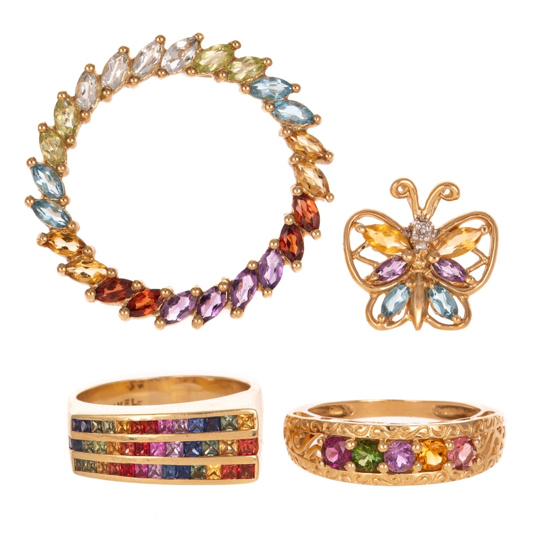 A Collection of Colorful Gemstone Jewelry in 14K & 10K: 1) 14K yellow gold angular ring featuring three lines of channel set square multi-colored sapphires, signed "Chamelf", sz 9.25, 2) 14K yellow gold ring featuring a line of round amethysts and