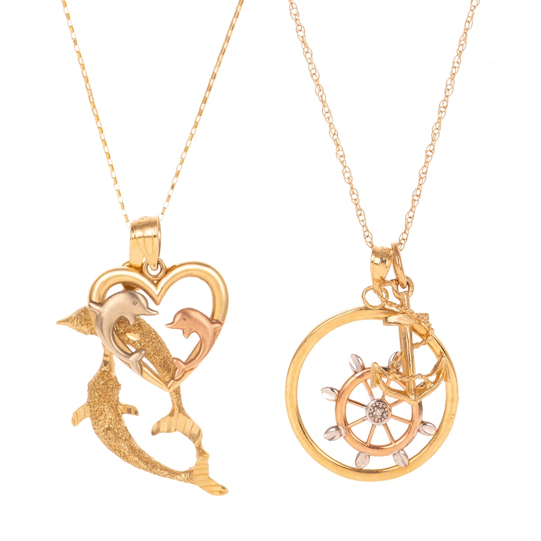 Two Chains with Nautical Pendants in 14K: 1) 14K twisted chain with boat 14K tri-gold ships wheel charm with diamond accent in center and 14K anchor charm, 18 in. L, and 2) 14K yellow gold thin paperclip chain with 14K tri gold open heart dol