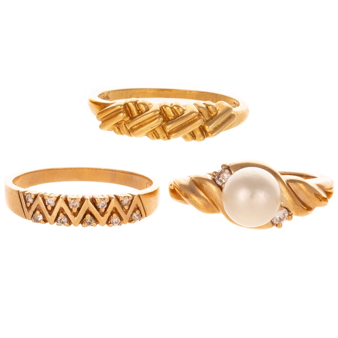 A Trio of Rings in 14K & 18K: 1) 18K yellow gold woven band, signed SLC, sz 8.5, 2) 14K yellow gold ring featuring a 7.7 mm cultured pearl with diamond accents, sz 7.75, and 3) 14K yellow gold ring featuring diamonds in double row
