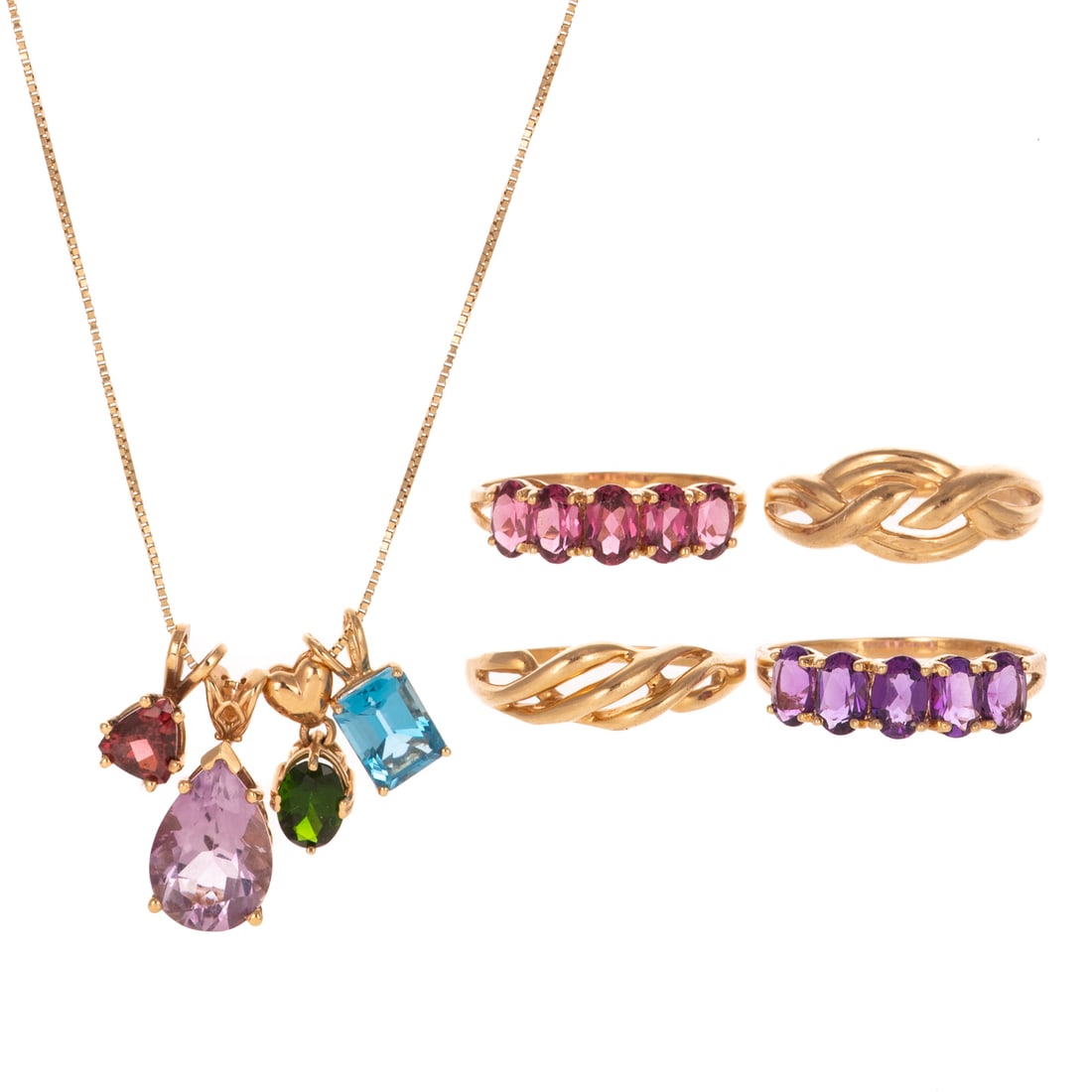 A Chain with Gemstone Pendants & Rings in 14K & 10K: 1) 14K yellow gold box chain featuring four individual gemstone pendants including garnet, amethyst, synthetic emerald and blue topaz, spring ring clasp, 18 in. L, 2) Two 14K yellow gold woven rings w