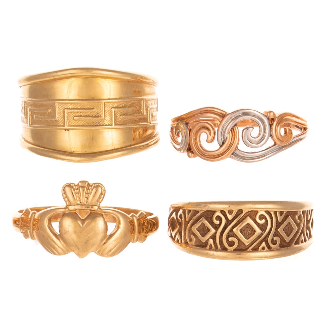 Four Detailed Rings in 14K: 1) 14K yellow gold ring featuring a rhombus and swirl pattern, wide high polish shank, sz 9.5, 2) 14K rose gold open swirl ring with white gold accents, signed "AAJ," sz 9, 3) 14K yellow gold Claddagh