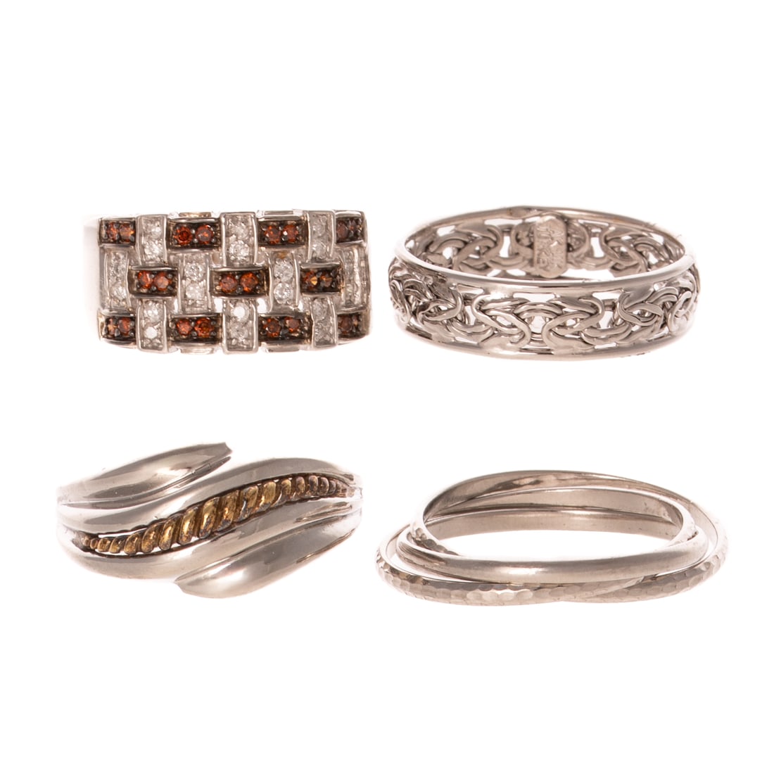 A Collection of White Gold Bands & Rings: 1) 14K white gold wide band with color enhanced red and white diamond in checkerboard design, sz 10, 2) 14K white gold 6.4 mm wide braided band, sz 10.5, 3) platinum and 18K white gold thin rolling ba