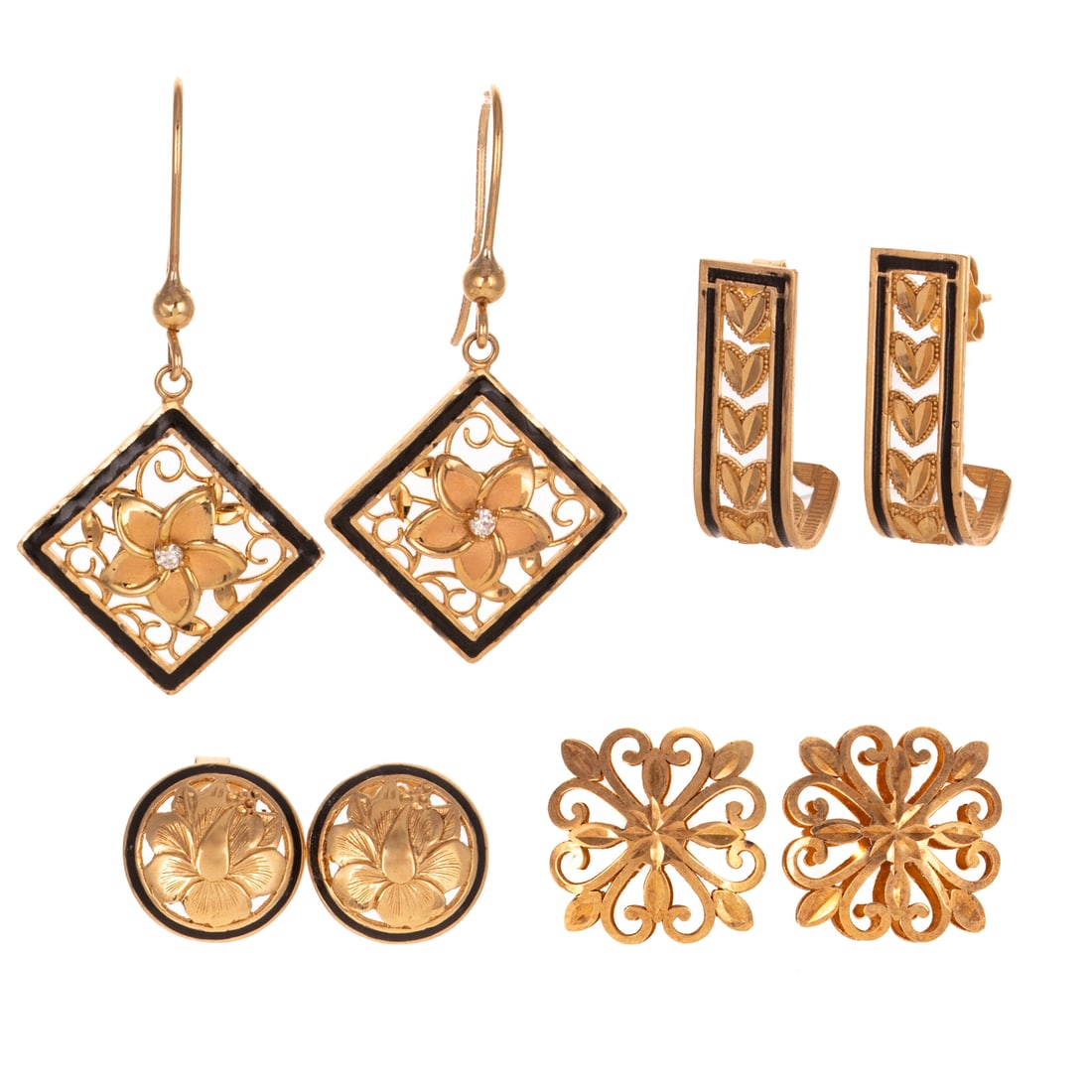 Four Pairs of Flower Earrings in 14K: 1) 14K yellow gold half hoops with black enamel border, posts and friction backs, 2) 14K yellow gold domed studs with black enamel border, posts with friction backs, 3) 14K yellow gold flower dangle e