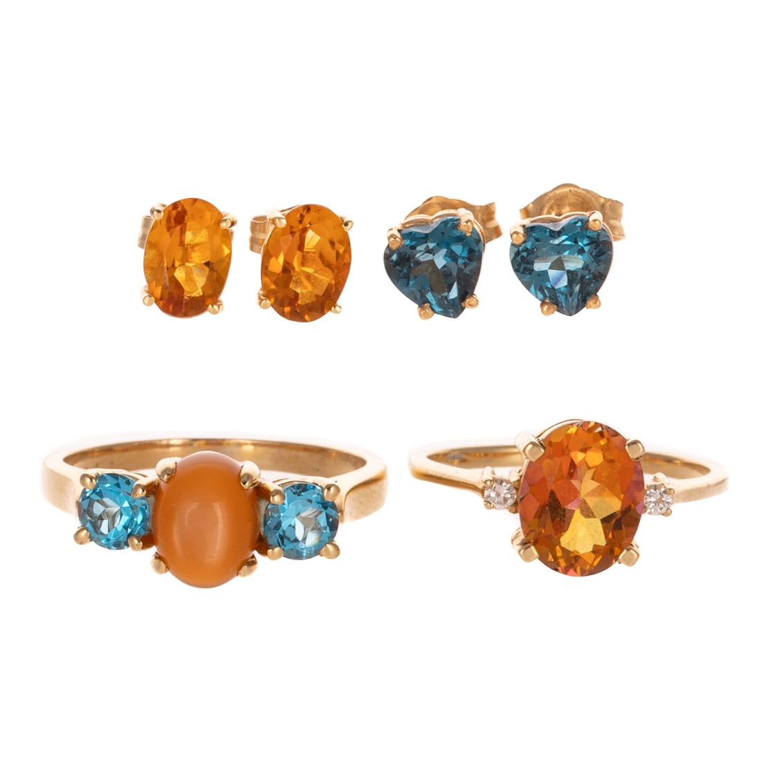 Two Pairs of Colorful Gemstone Rings & Ear Studs in 14K: 14K yellow gold rings and earrings including 1) Ring with oval cabochon cat's eye hardstone with two round blue topaz side stones, sz 10, 2) Ear studs featuring heart shape blue topaz, 3) Ring with ov