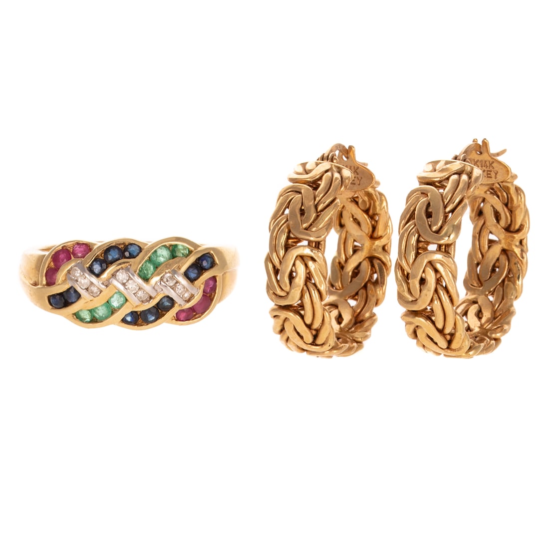 A Braided Gemstone Ring & Hoops in 14K: 1) 14K yellow gold channel set braided band featuring sapphire, rubies, emeralds and diamonds, sz 11, and 2) 14K yellow gold braided hoops, 7/8 in. W, hinge closure, 10.7 grams tw Provenance: From the