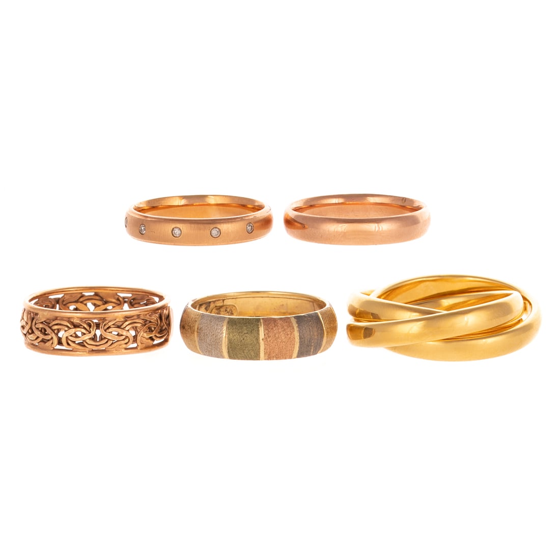 A Collection of Yellow & Rose Gold Bands in 14K: 1) 14K yellow gold rolling ring, resin construction, made in Italy by Milor, sz 10, 2) 14K yellow, rose and white gold section band, sz 9, 3) 14K rose gold brushed finished band with flush set diamond