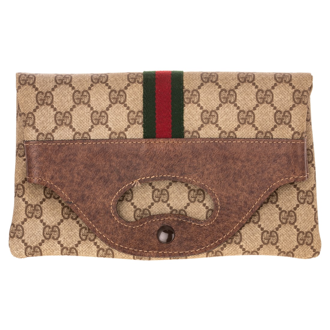 A Vintage Monogram Gucci Folding Clutch: A coated canvas vintage monogram Gucci folding clutch with gold tone hardware dual handles and snap closure. Includes box. Measuring: 10.25 in. L, 6.25 in. H when closed Provenance: Has a date stamp o