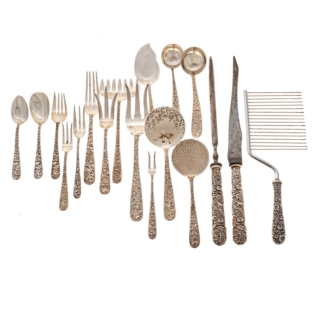 S Kirk & Son Sterling "Repousse" Flatware: Including: three dinner forks, two salad forks, two teaspoons, fruit cocktail fork, sugar spoon, lemon fork, two sauce ladles, gravy ladle, lettuce serving fork, bacon fork, relish fork, jelly server,