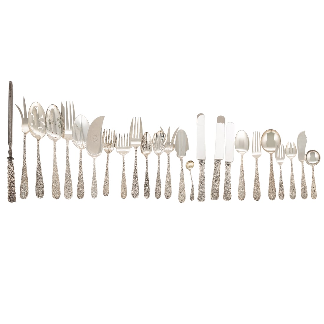 Jenkins & Jenkins Sterling "Repousse" Flatware Service: Including: 13 dinner knives, 12 dinner forks, four gumbo spoons, five dinner spoons, six bouillon spoons, seven pastry forks, 13 seafood forks, 13 ice cream forks, seven fish forks, six fruit knives,