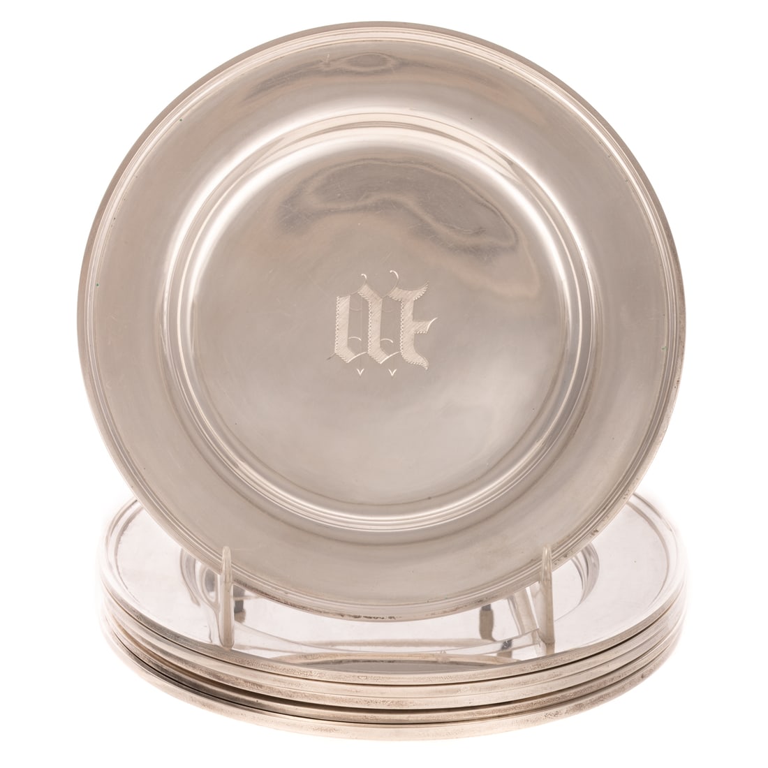 Six S Kirk & Son Sterling Bread Plates: 1925-1932, model# 4100, with a stepped and banded rim, monogrammed, 6 1/4 in. Diam., 27 ozt. Provenance: From a local Baltimore estate