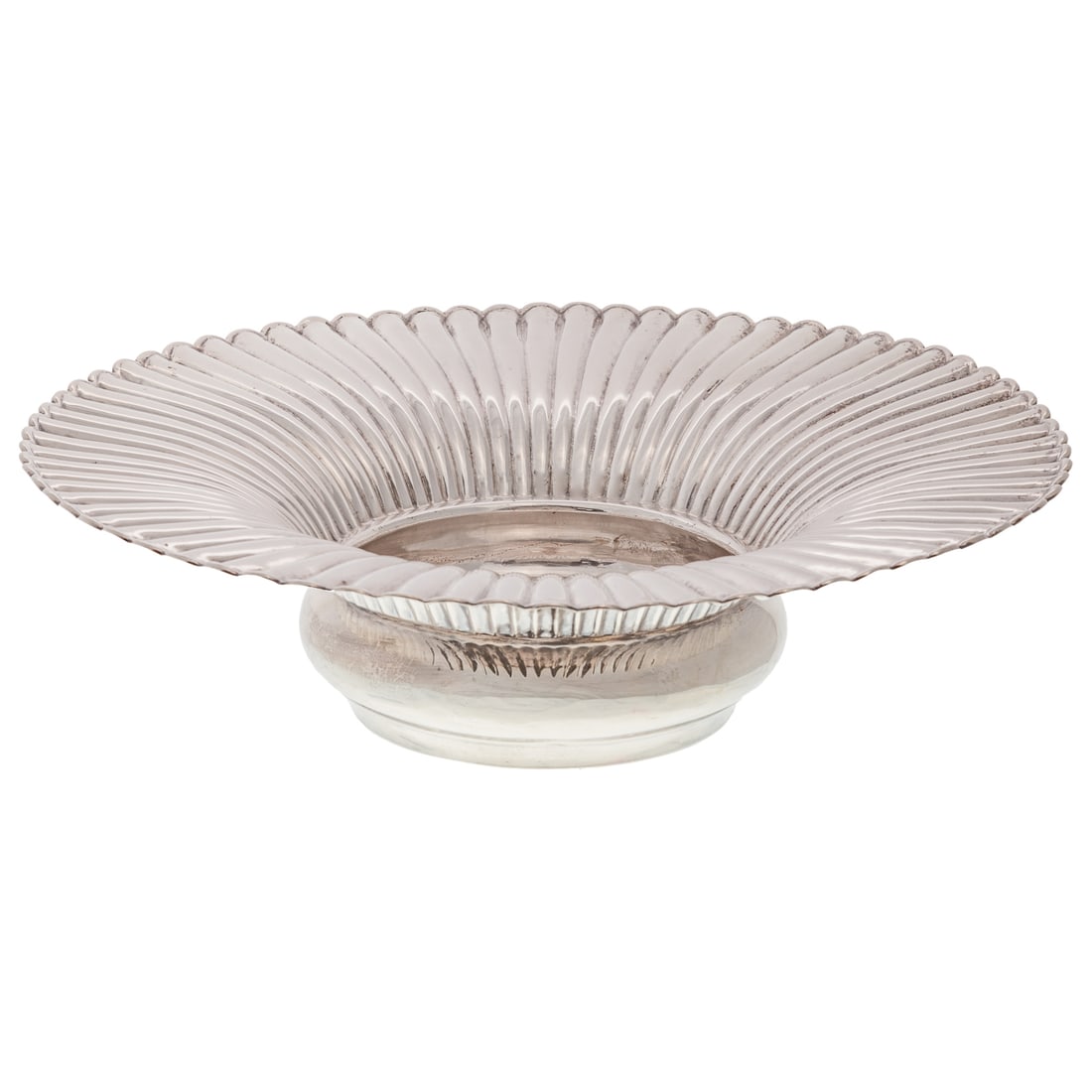 French Sterling Centerbowl: 20th century, 950 Mercury export mark for 1878-1973, maker's mark is partially rubbed. Bulbous bowl, supporting a wide flaring fluted border, 4 1/4 in. H, 15 5/8 in. Diam., 44.35 ozt. Provenance: