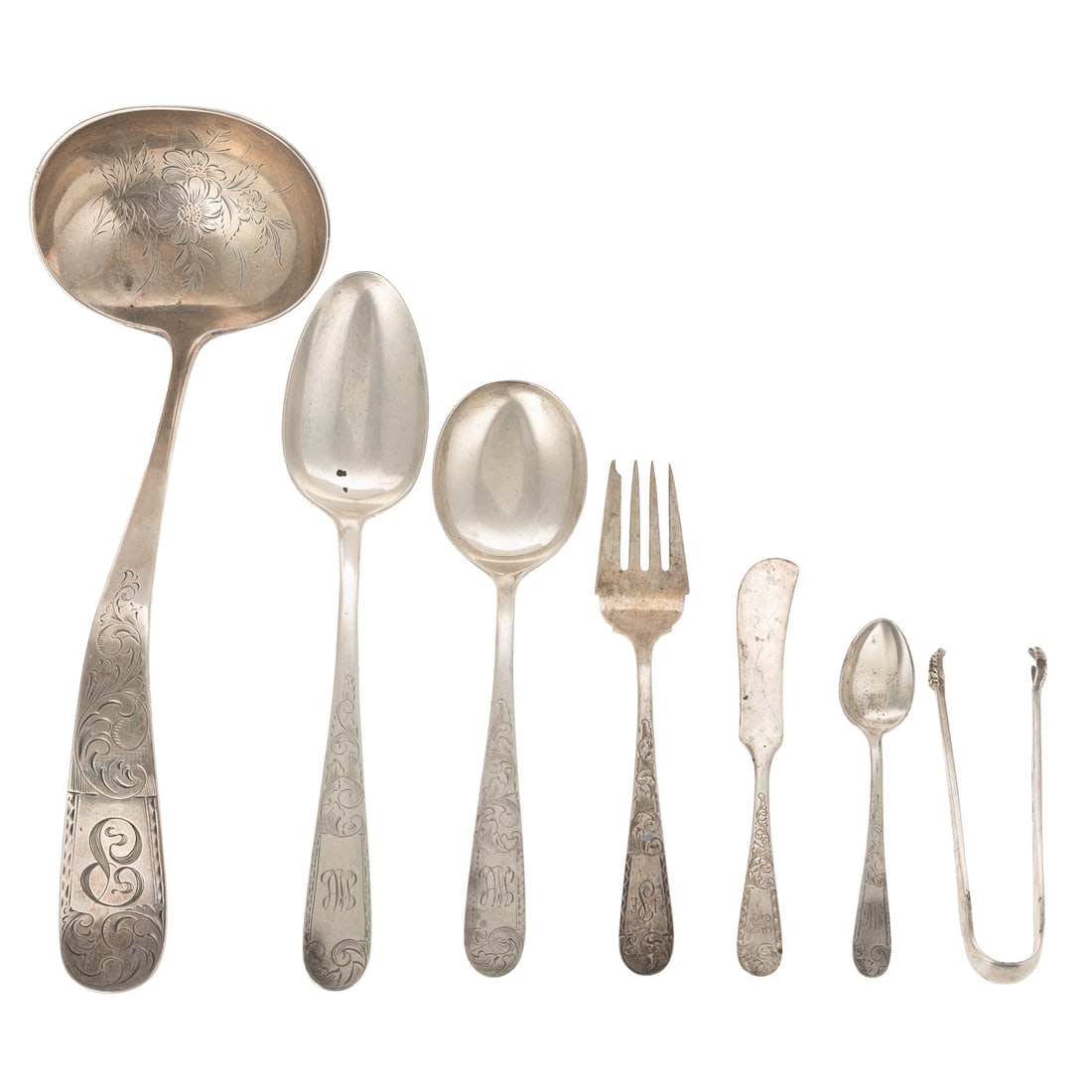 S Kirk & Son Sterling "Mayflower" Flatware Service: Partial service including: nine dinner forks, 11 gumbo spoons, six dinner spoons, nine salad forks, 10 teaspoons, seven flat butter spreaders, three demitasse spoons, salt spoon, sugar tongs, three