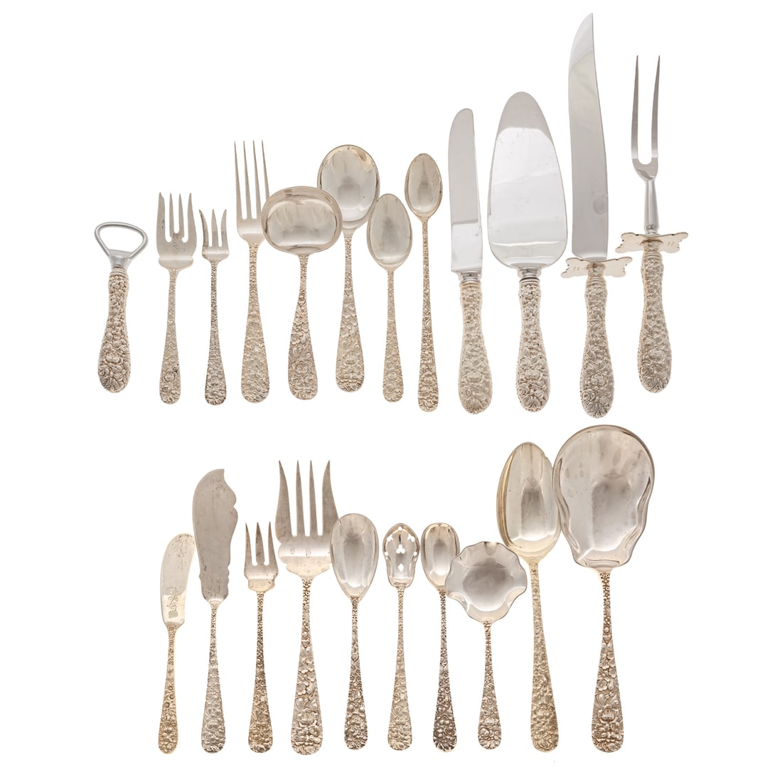 Large Stieff Sterling "Rose" Flatware Service: Including: 12 dinner knives, 13 dinner forks, 12 gumbo spoons, 13 salad forks, 18 teaspoons, 12 flat butter spreaders, eight iced tea spoons, 12 seafood forks, 12 demitasse spoons, 12 table/serving sp