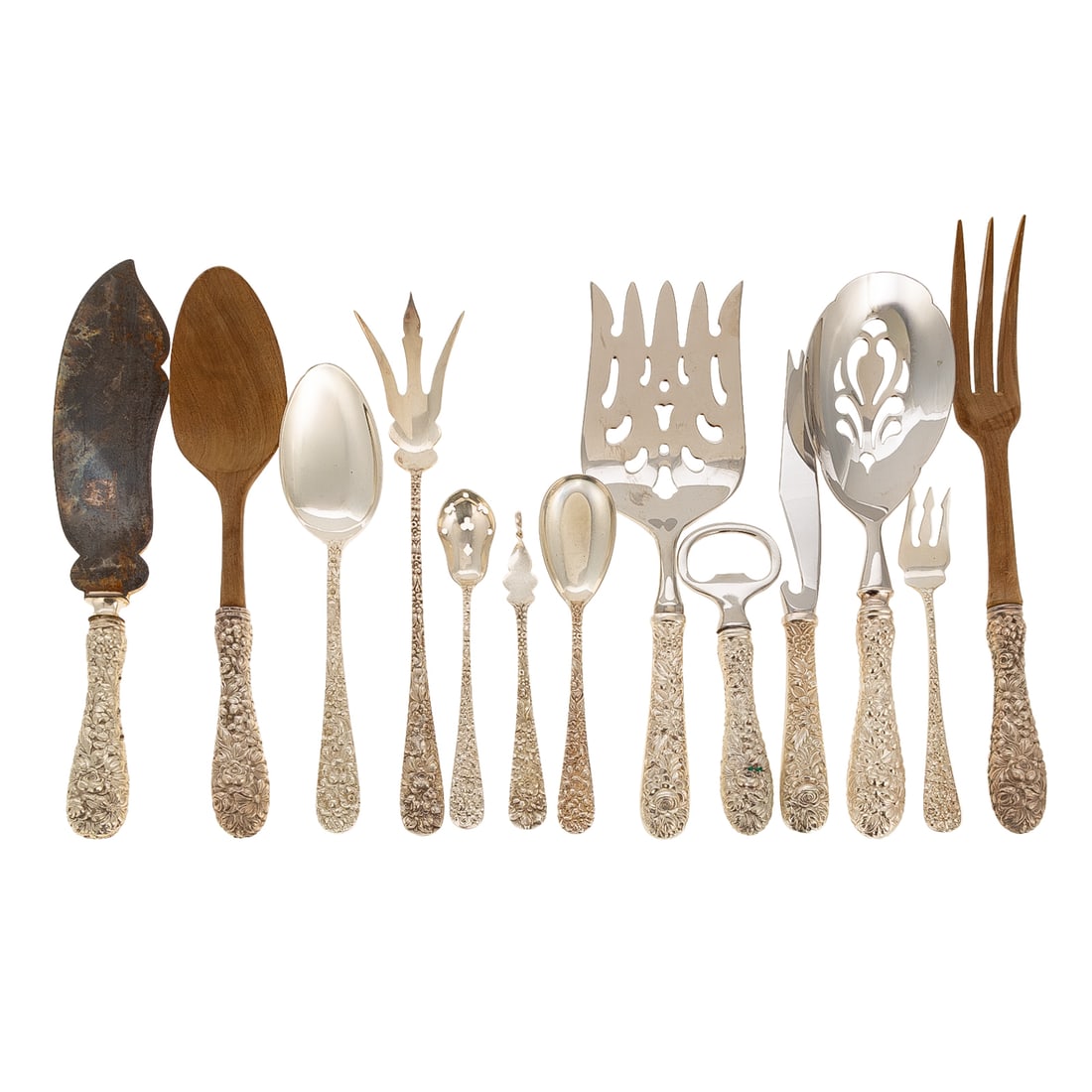Large Group of Stieff Sterling "Rose" Serving Piece: Including: bon bon spoon, four sugar spoons, lemon fork, four olive spoons, five olive forks, 11 old style pickle forks, two master flat butter knives, butter pick, two jelly servers, small cold meat