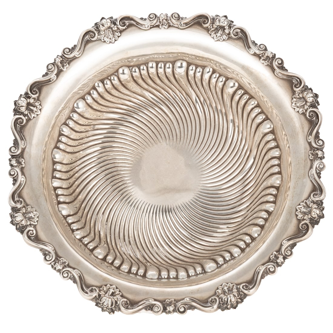 Meriden Brittania Sterling Vegetable Dish: Model# 652, circular, with gadrooned waist, applied floral and scroll rim, 2 1/4 in. H, 10 1/4 in. Diam., 9.85 ozt.