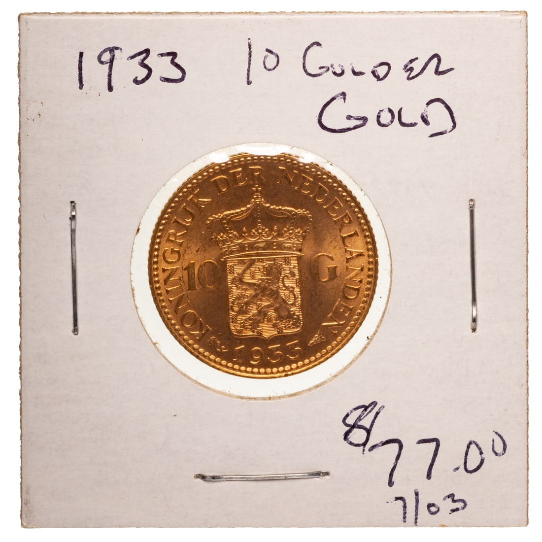 1933 10 Gold Gulden Netherlands AU+: 90% gold coin with an AGW of 0.1947oz. Queen Wilhelmina facing right and Crowned arms on the reverse Provenance: $77 in July 2003