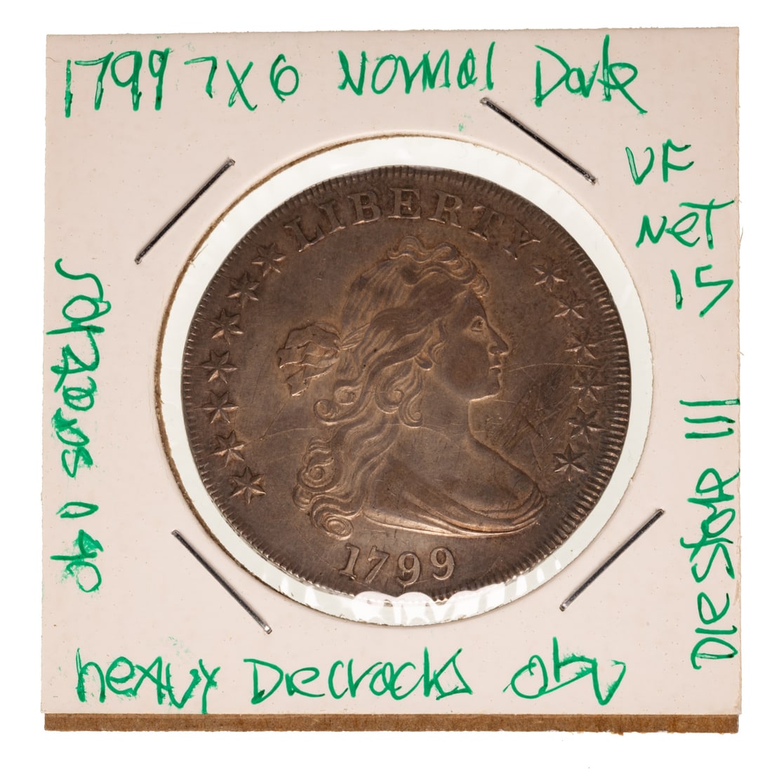 1799 Draped Bust Silver Dollar VF35 Details: 7x 6 stars, BB-155, major diecracks on Obv (star 2 through hair and into neck; from hair to almost star 1 and then arcing down to the base of 1 forming a small cud and then to under the first 9; crack