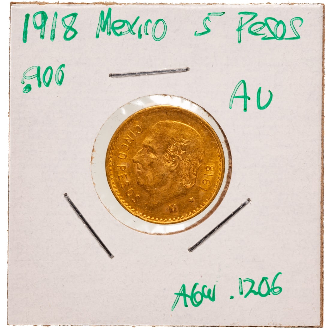 1918 Mexican Gold 5 Pesos AU: Obverse has the National Coat of Arms and the reverse features revolutionary leader Miguel Hidalgo y Costilla. Struck at the Mexico City Mint, it weighs 4.17 grams and at .900 fine as a AGW of .1206oz