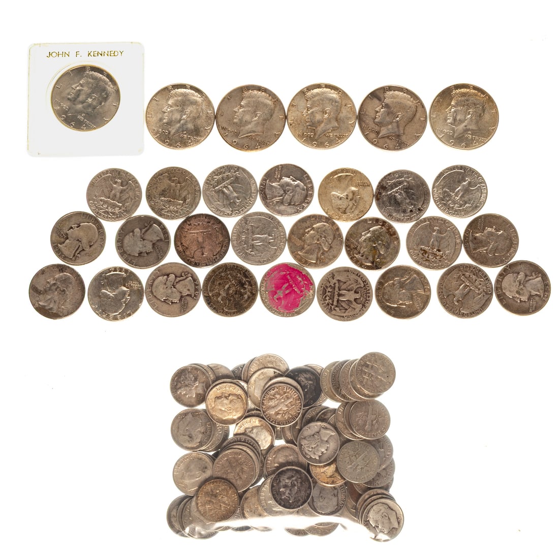 US Silver Coins - $17.50 Face Value: Six 1964 Kennedy Halves, 24 Washington Quarters and 85 silver dimes, @ 12.5 troy ounces of silver