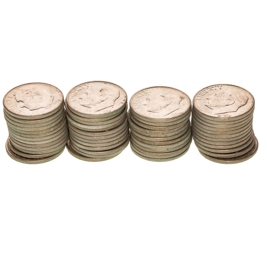 BU Roll of 1955-S Dimes: The two end coins are very nice BU 55-S dimes and still wrapped for the past 53 years. Each silver roll of dimes always has @ 3.57 troy ounces Provenance: Purchased wrapped in 1973