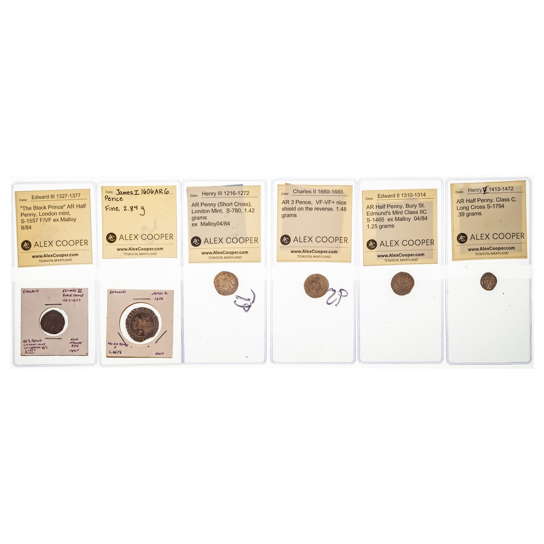 English Silver Coins 1/2 Dozen, 1216-1685: James I 1606 Silver six pence Fine, Edward II 1310-1314 Silver Penny Bury St. Edmonds Mint, Class 11A, Edward III "The Black Prince" 1327-1377 Silver 1/2 Penny London Mint F, Henry III Silver Penny