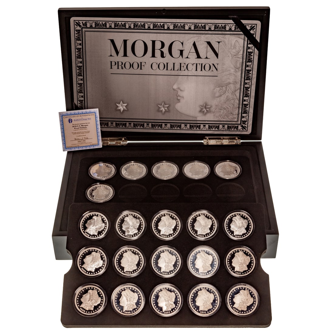 The Morgan Dollar Tribute Proof Collection: A Bradford Mint production in a nice collector's display box, there are 25 coins, one for each year 1878 to 1898. They are plated in .999 silver and are all gorgeous PL and Ultra cameo coins.