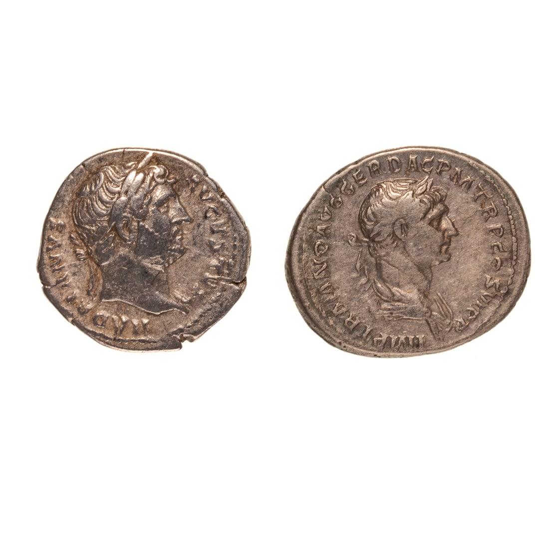 Two AR Denari from Important Roman Emperors: Trajan (98-117 CE) very successful emperor who led Rome when it reached it's greatest size. His column, built in Rome to honor his victory over the Dacians, still stands. 3.23 grams and grades F/VF. T