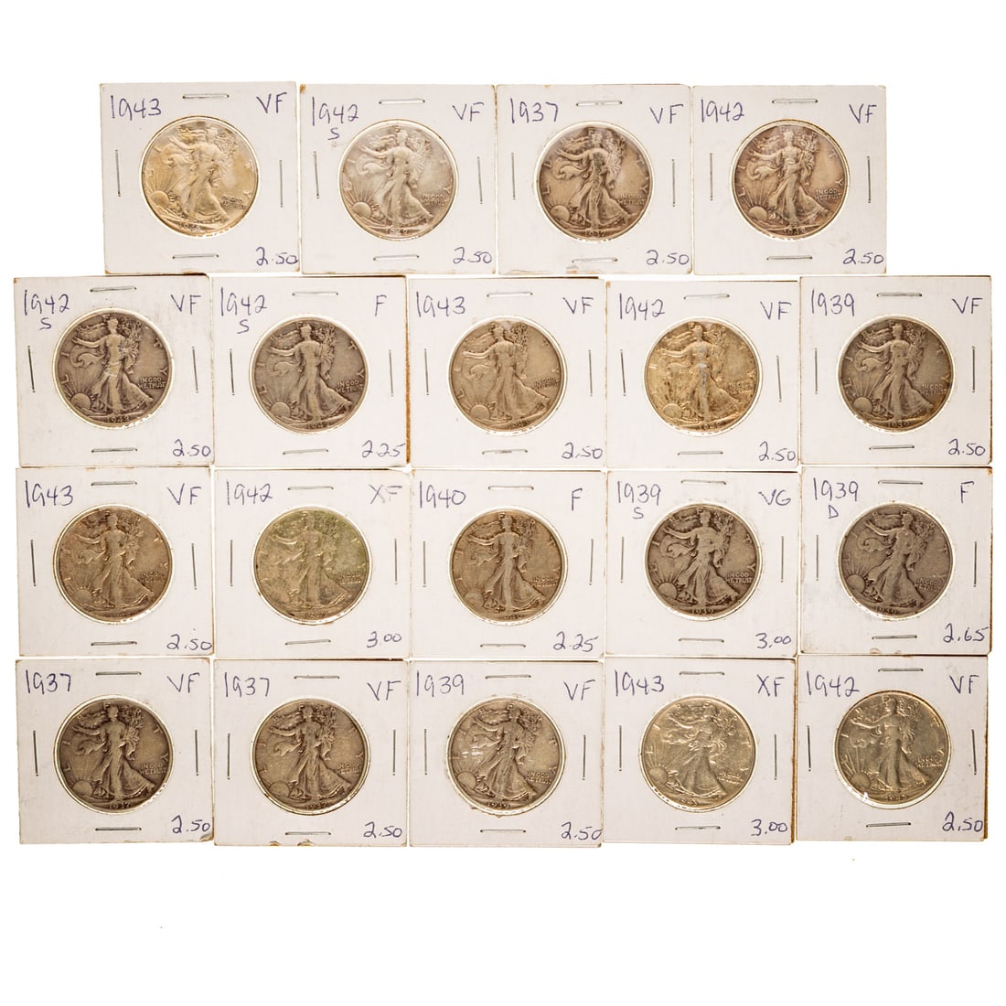 Nineteen Liberty Walking Half Dollars - $9.50 Face: Approximately 6.8 Troy ounces of silver, common dates 1937-1943